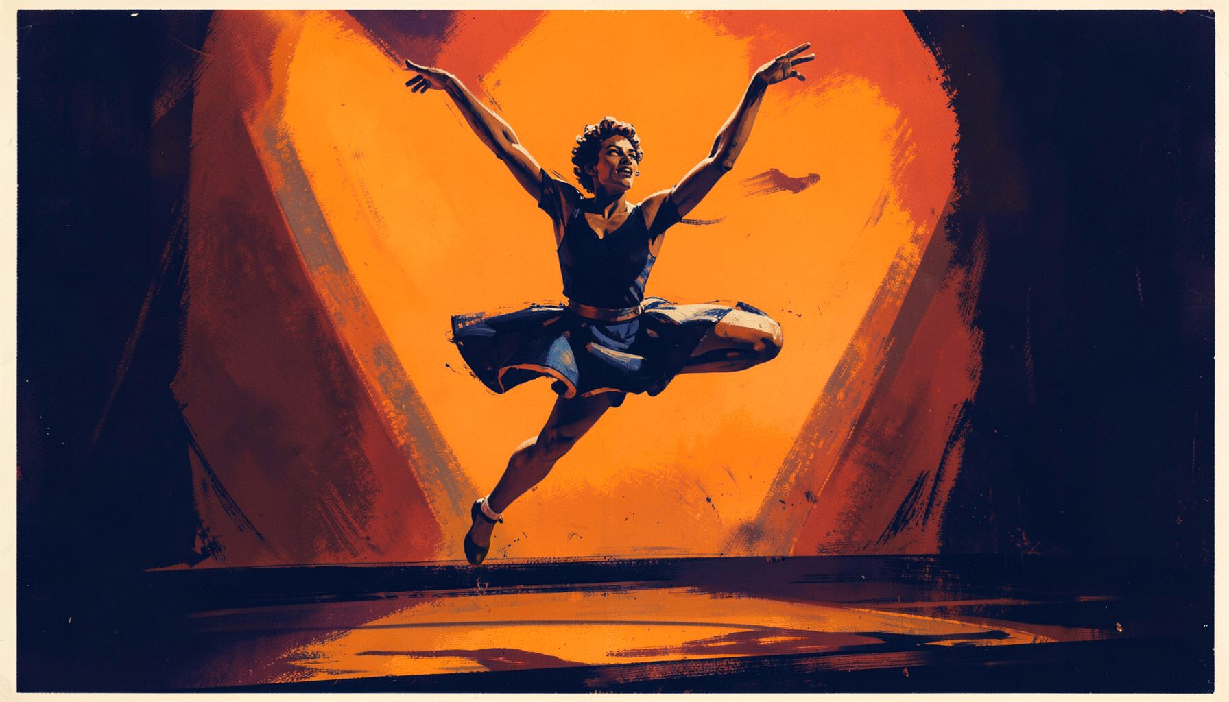 A matte gouache poster painting of a solo dancer mid-leap on a stage lit with warm orange and deep navy tones, bold brushwork suggesting motion and celebration